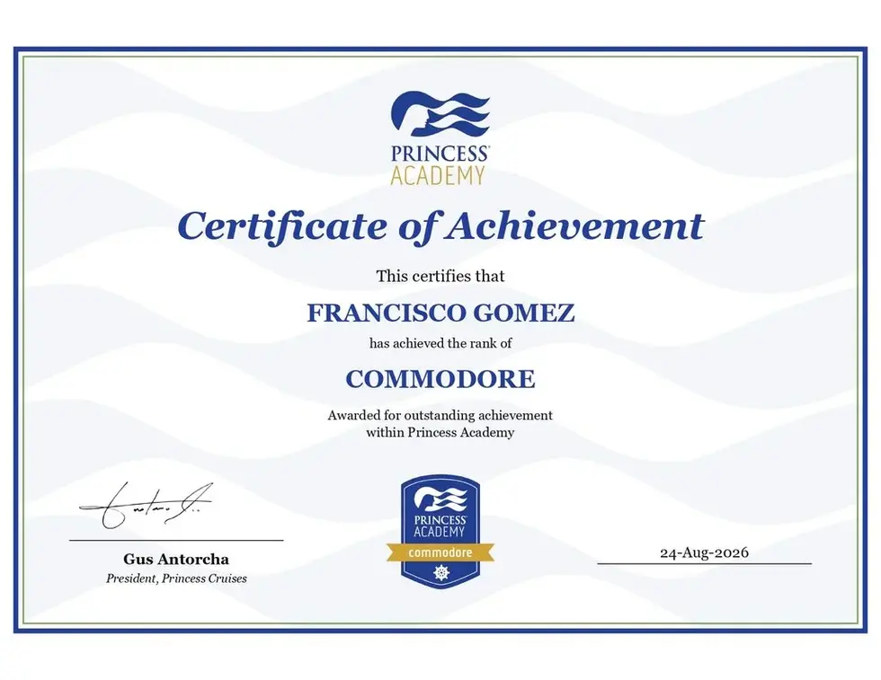 Certificado Princess Academy Commodore de Francisco Gomez