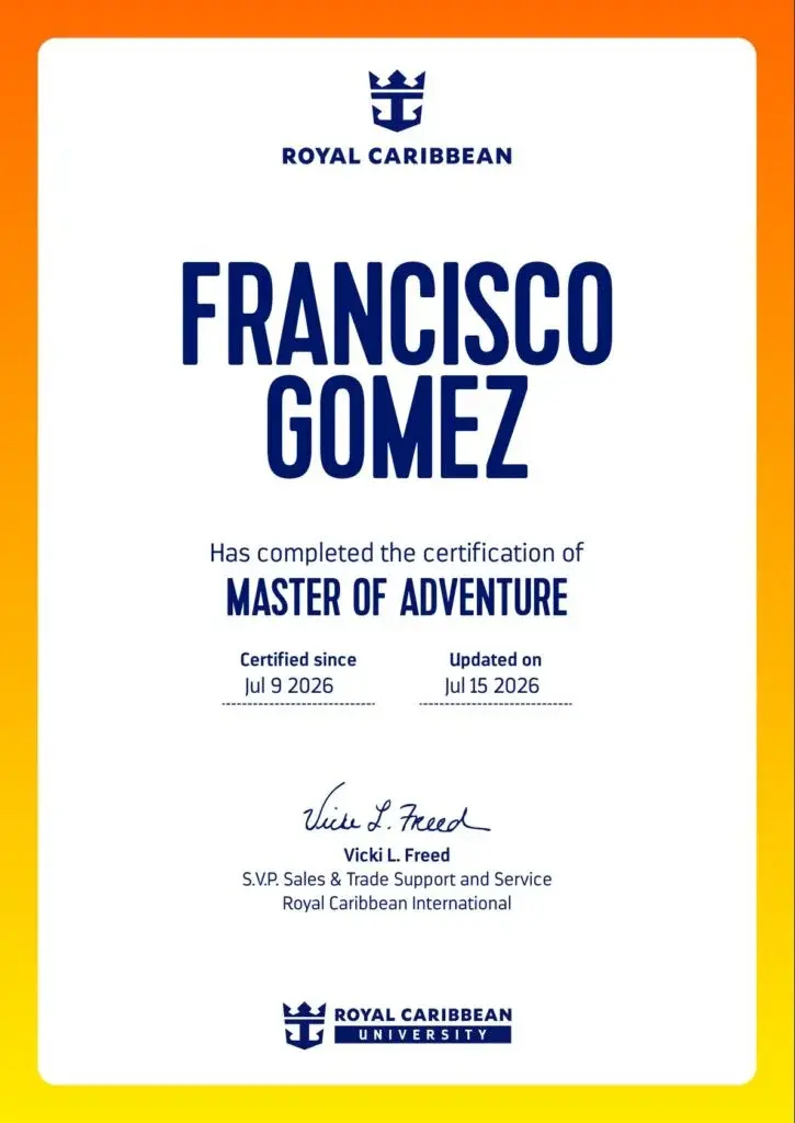 Certificado Royal Caribbean Master of Adventure de Francisco Gomez