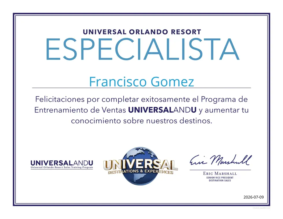 Certificado Universal Orlando Resort Especialista de Francisco Gomez