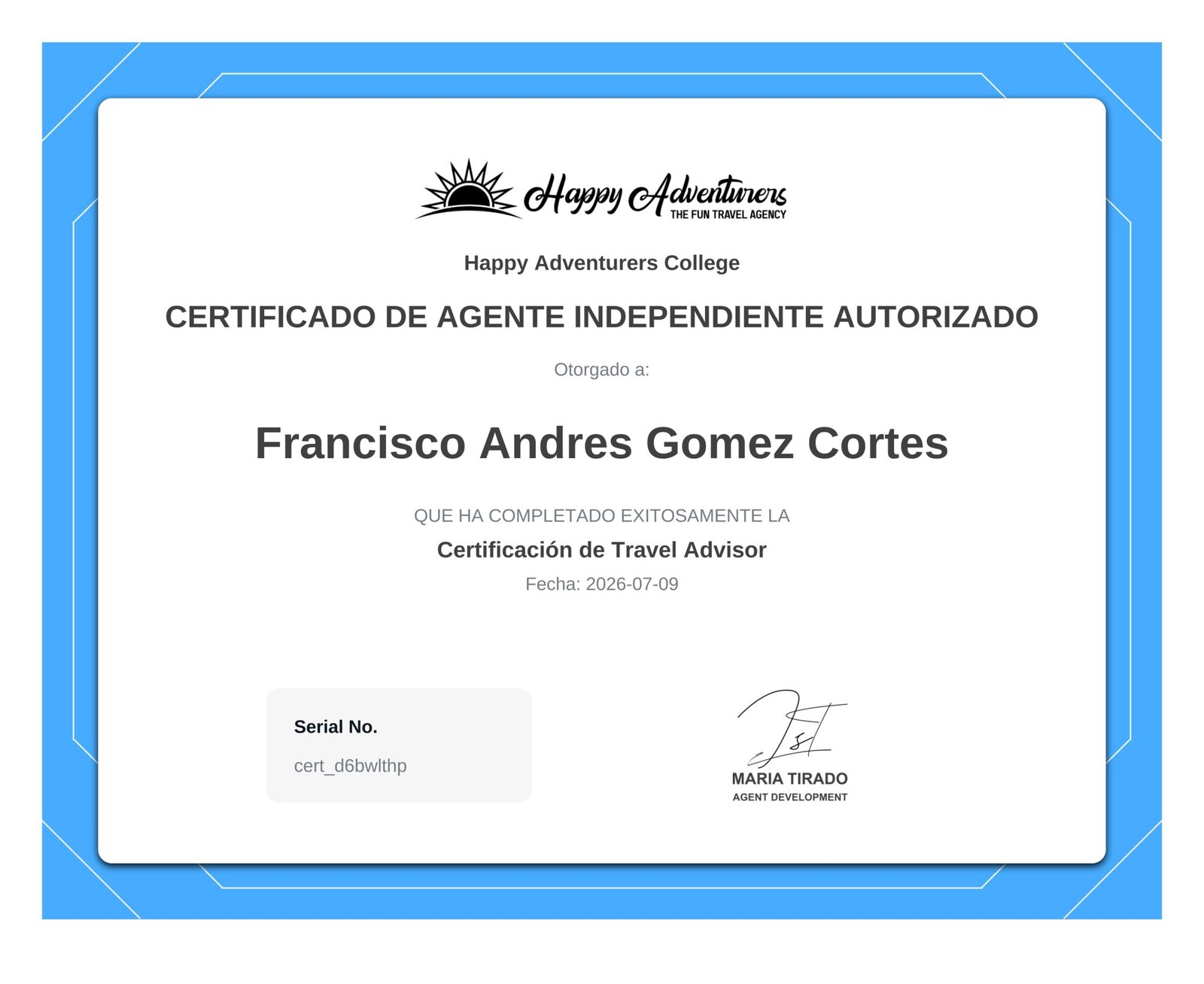 Certificado Happy Adventurers de Francisco Gomez