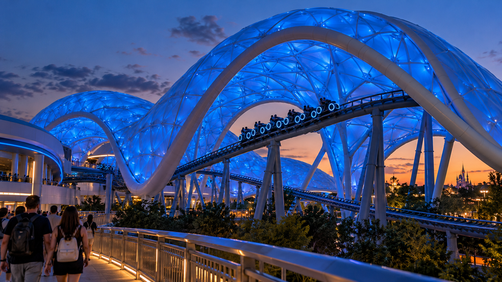 Estrategia Lightning Lane para Magic Kingdom: qué reservar y cómo aprovecharlo canopy azul de tron al anochecer