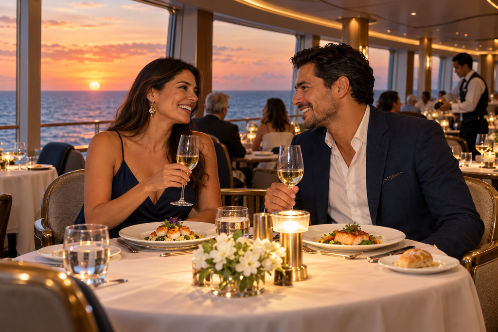 cena al atardecer en alta mar