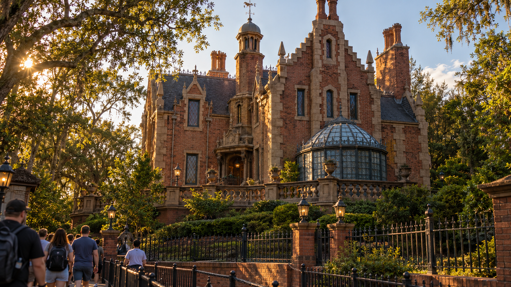 Estrategia Lightning Lane para Magic Kingdom: qué reservar y cómo aprovecharlo mansión encantada al atardecer